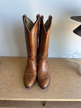 Vintage Dan Post Womens Brown Leather Lizard Western Boots Sz 7A New Heel